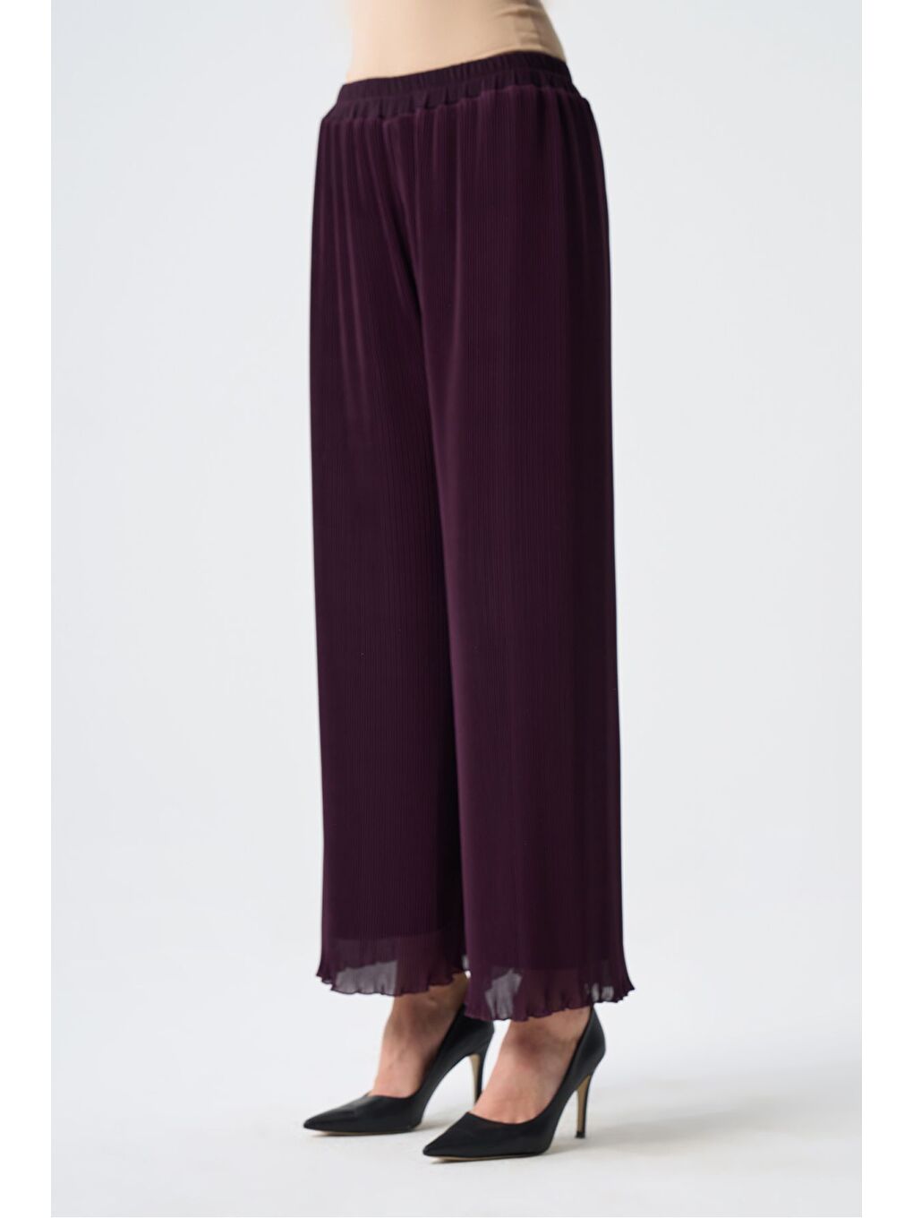 Sandy Şifon Pliseli Mürdüm Pantolon-1