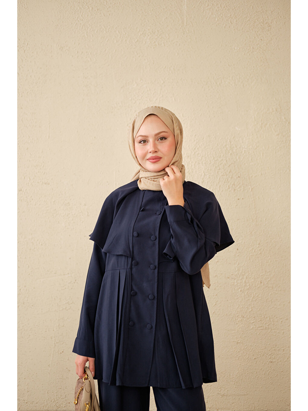 Kadın Yaka Pelerinli Çift Düğme Detay Takım Lacivert-2