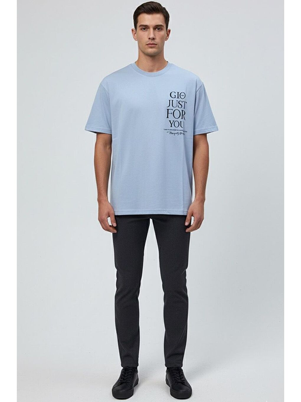 Giotelli Açık Mavi Oversize Fit %100 Pamuk Bisiklet Yaka Erkek Tişört-1