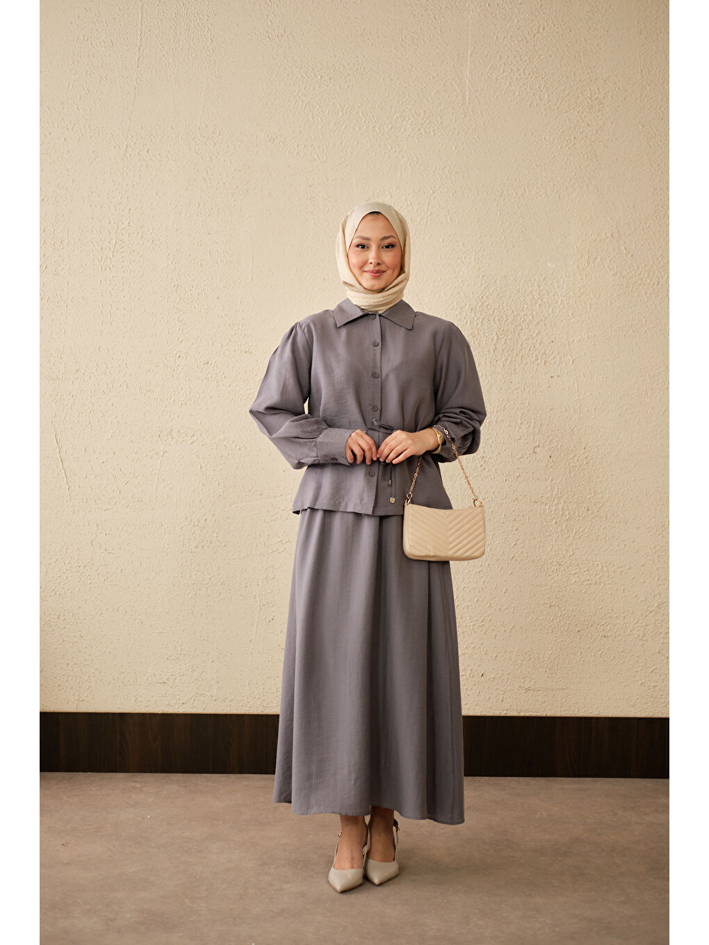 Kadın Bel Bağlamalı Gömlek Takım Gri-4