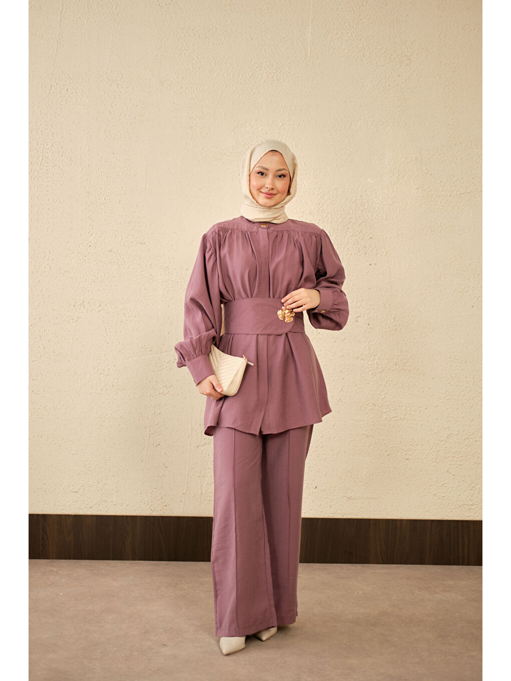 Kadın Broş Detay Gizli Düğmeli Takım Mürdüm-1