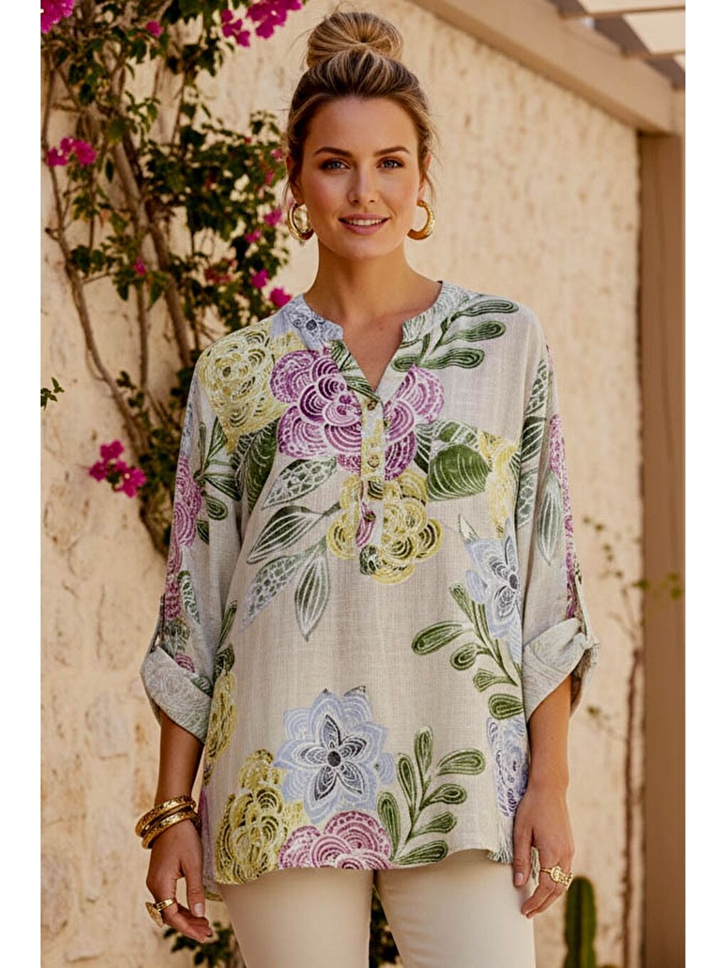 İtalyan Bej Hakim Yaka Düğmeli 3/4 Kol Çiçekli Cepli Casual Keten Görünümlü Dokuma Bluz 75 65-1