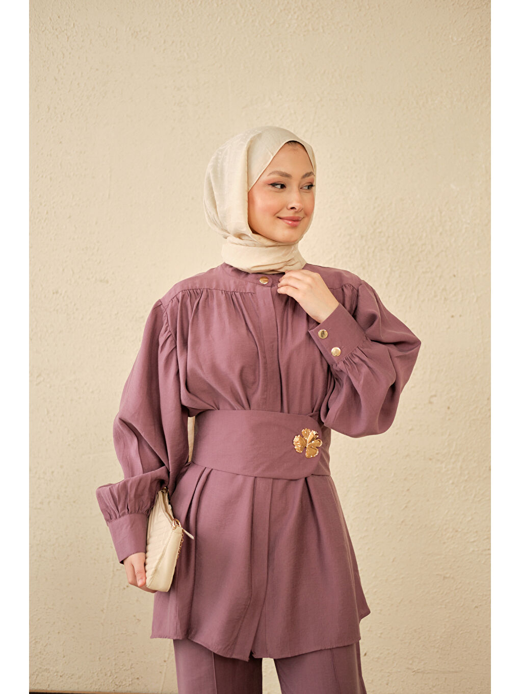 Kadın Broş Detay Gizli Düğmeli Takım Mürdüm-2