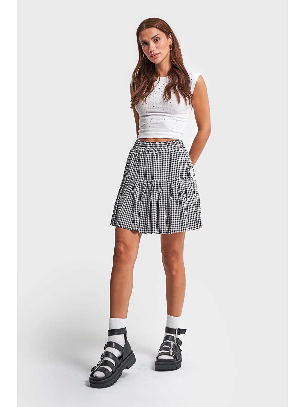 Kadın Siyah Beyaz Kareli Mini Pileli Tasarım Etek
