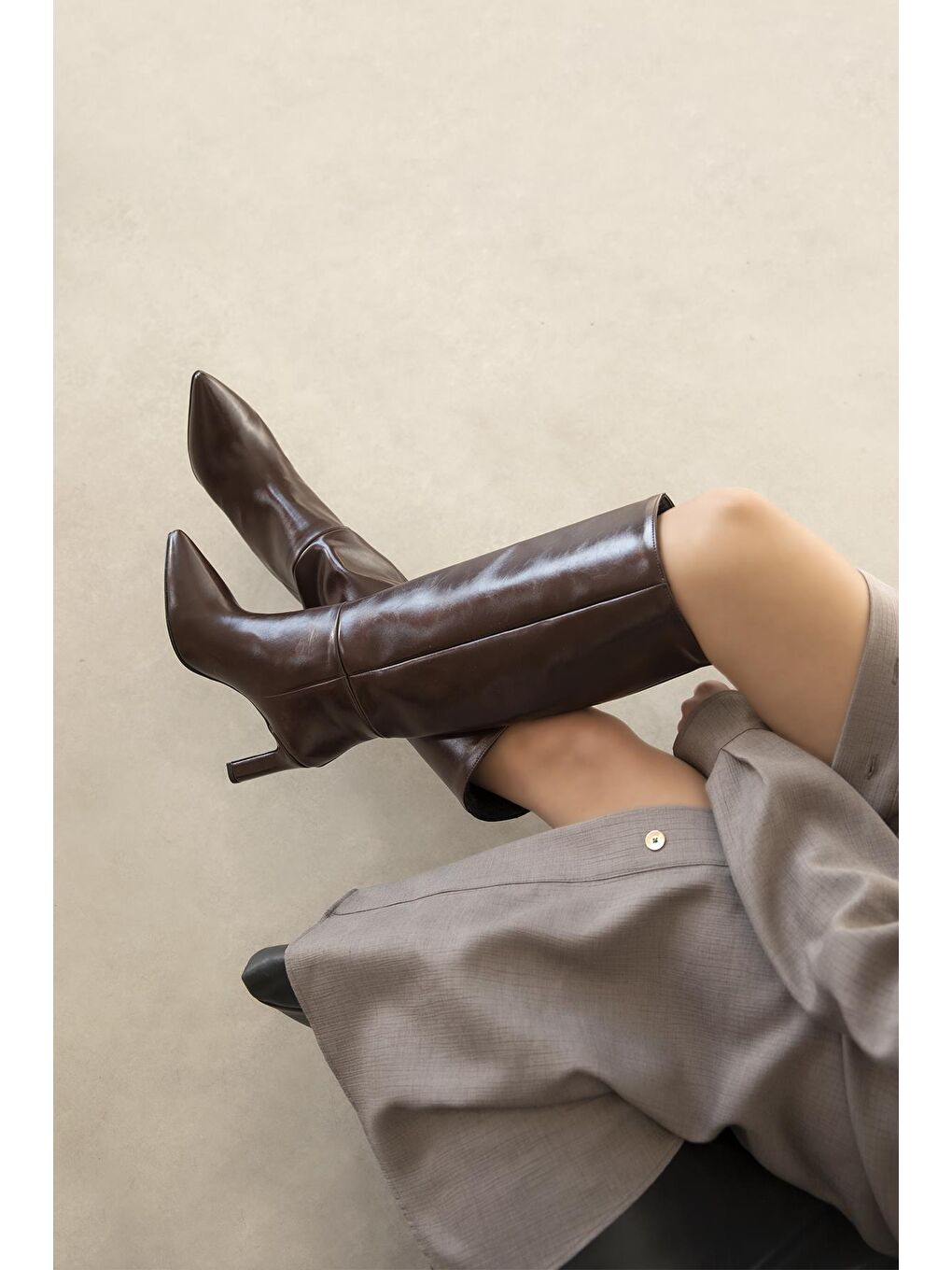 Kahverengi Poul Kadın Topuklu Kırışık  Deri Çizme Kahve