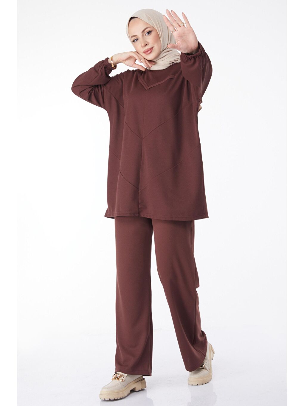 Bisiklet Yaka Kadın Kahverengi Tunik Pantolon - 13139