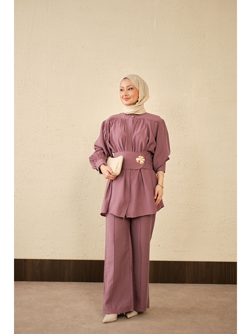 Kadın Broş Detay Gizli Düğmeli Takım Mürdüm-3