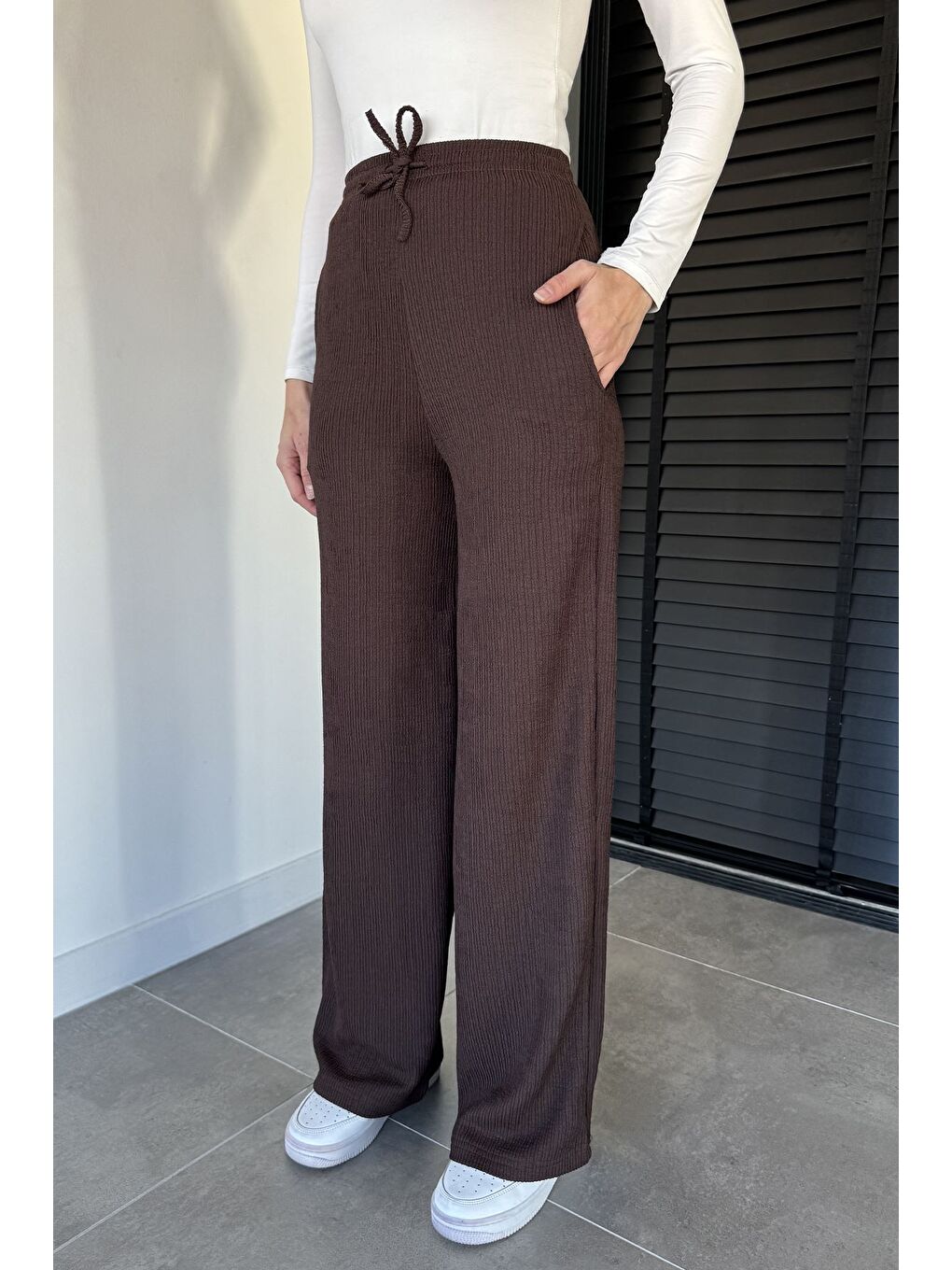 Kahverengi Kadın Bel Lastikli Kendinden Çizgi Desenli Palazzo Pantolon