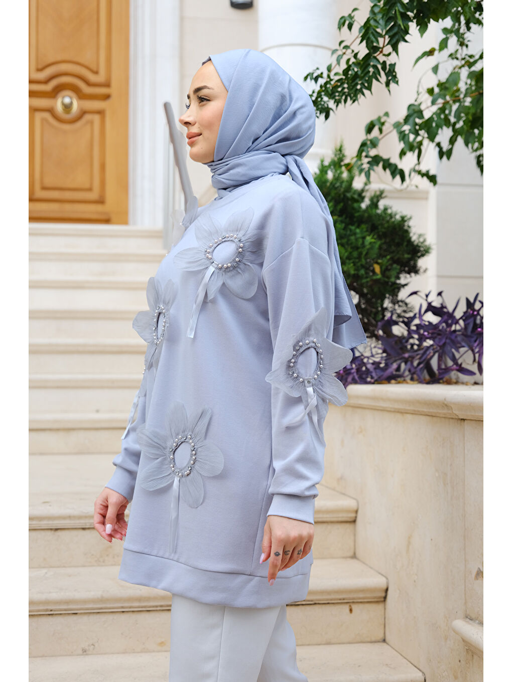 Çicek Nakışlı Tunik Gri-1