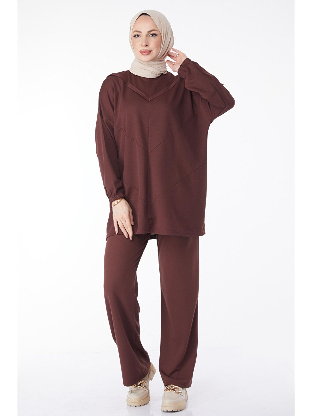 Bisiklet Yaka Kadın Kahverengi Tunik Pantolon - 13139-1