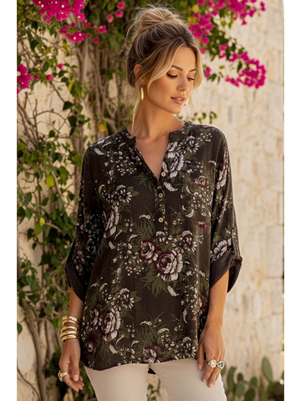 İtalyan Kahverengi Hakim Yaka Düğmeli 3/4 Kol Çiçekli Cepli Casual Keten Görünümlü Dokuma Bluz 75 65