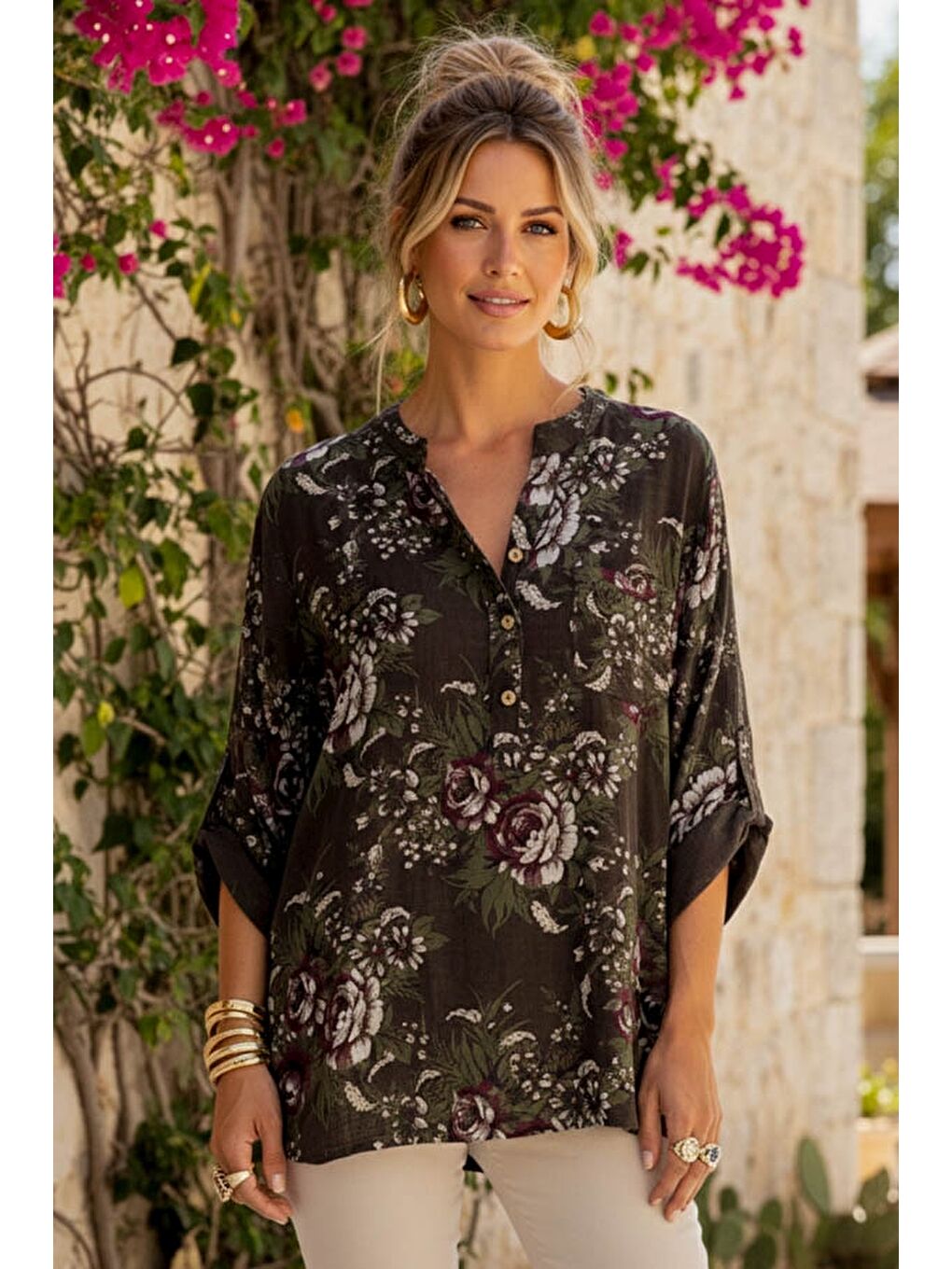 İtalyan Kahverengi Hakim Yaka Düğmeli 3/4 Kol Çiçekli Cepli Casual Keten Görünümlü Dokuma Bluz 75 65-1
