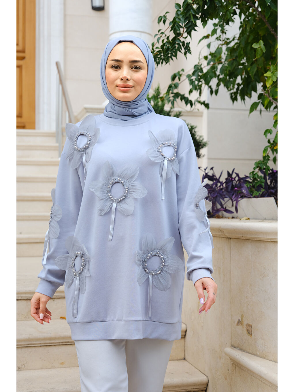 Çicek Nakışlı Tunik Gri-2