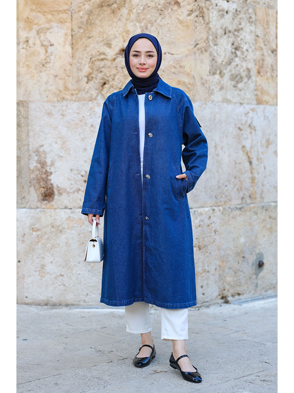 Düğme Detaylı Trençkot Koyu Mavi