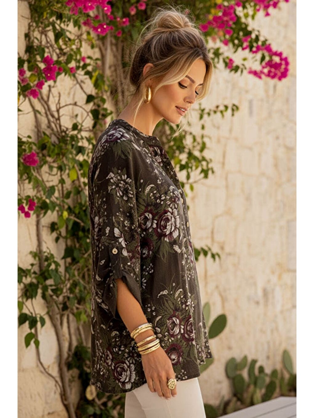 İtalyan Kahverengi Hakim Yaka Düğmeli 3/4 Kol Çiçekli Cepli Casual Keten Görünümlü Dokuma Bluz 75 65-2