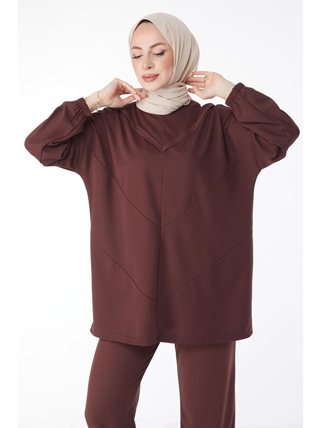 Bisiklet Yaka Kadın Kahverengi Tunik Pantolon - 13139-2