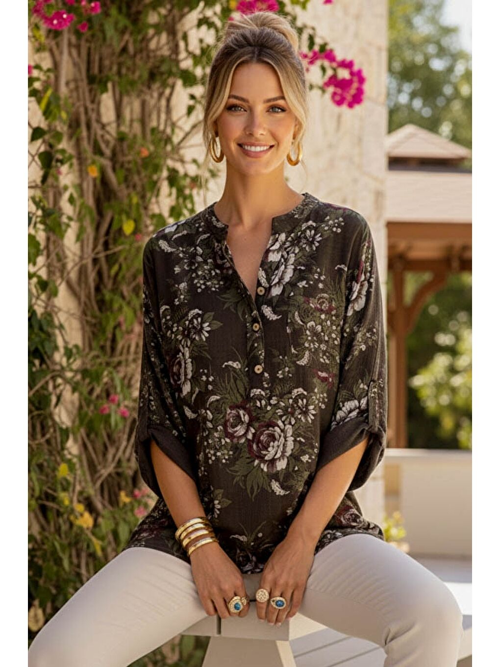 İtalyan Kahverengi Hakim Yaka Düğmeli 3/4 Kol Çiçekli Cepli Casual Keten Görünümlü Dokuma Bluz 75 65-3