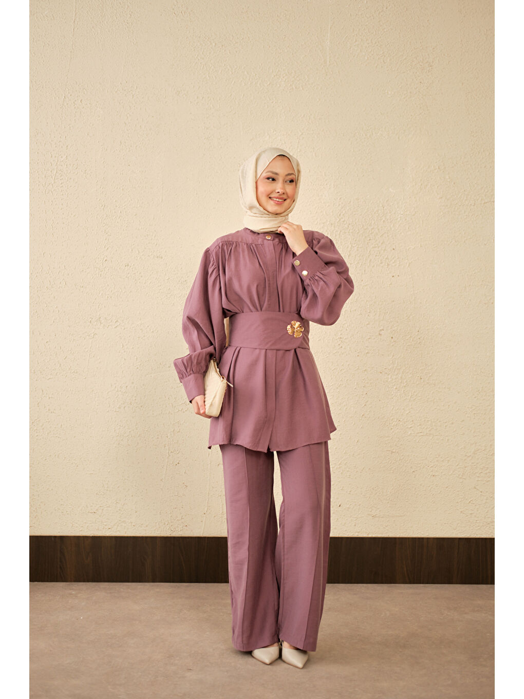 Kadın Broş Detay Gizli Düğmeli Takım Mürdüm-4