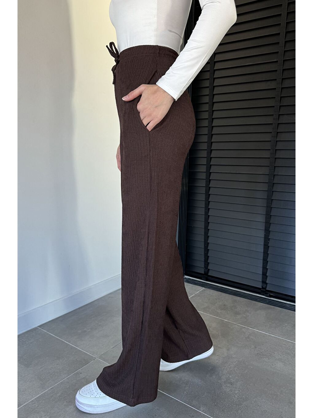 Kahverengi Kadın Bel Lastikli Kendinden Çizgi Desenli Palazzo Pantolon-2