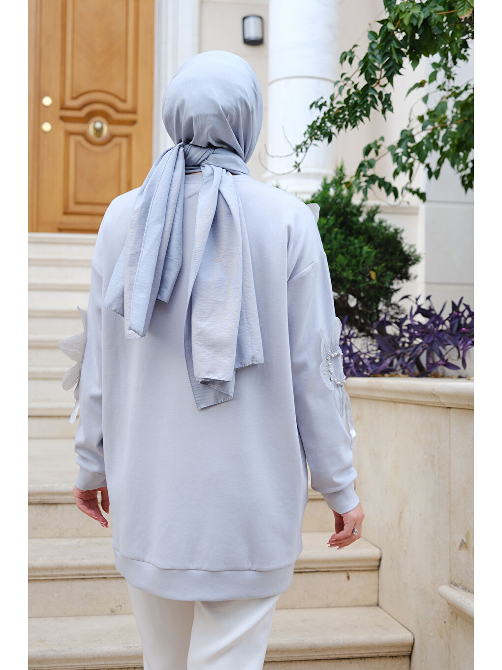 Çicek Nakışlı Tunik Gri-3