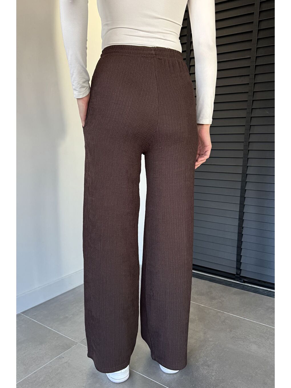 Kahverengi Kadın Bel Lastikli Kendinden Çizgi Desenli Palazzo Pantolon-3