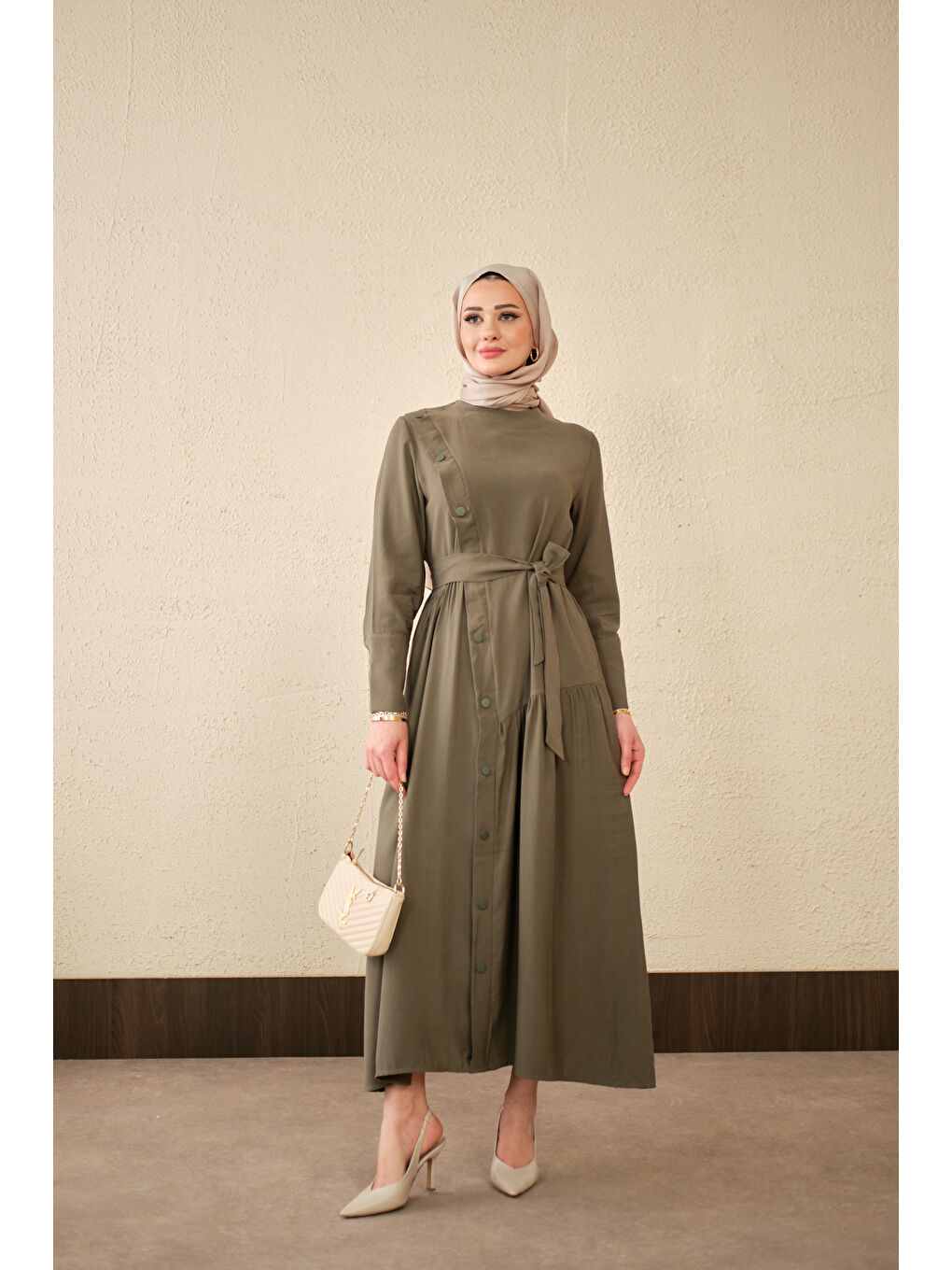 Kadın Düğmeli Etek Büzgülü Bel Bağlamalı Elbise Haki Yeşil