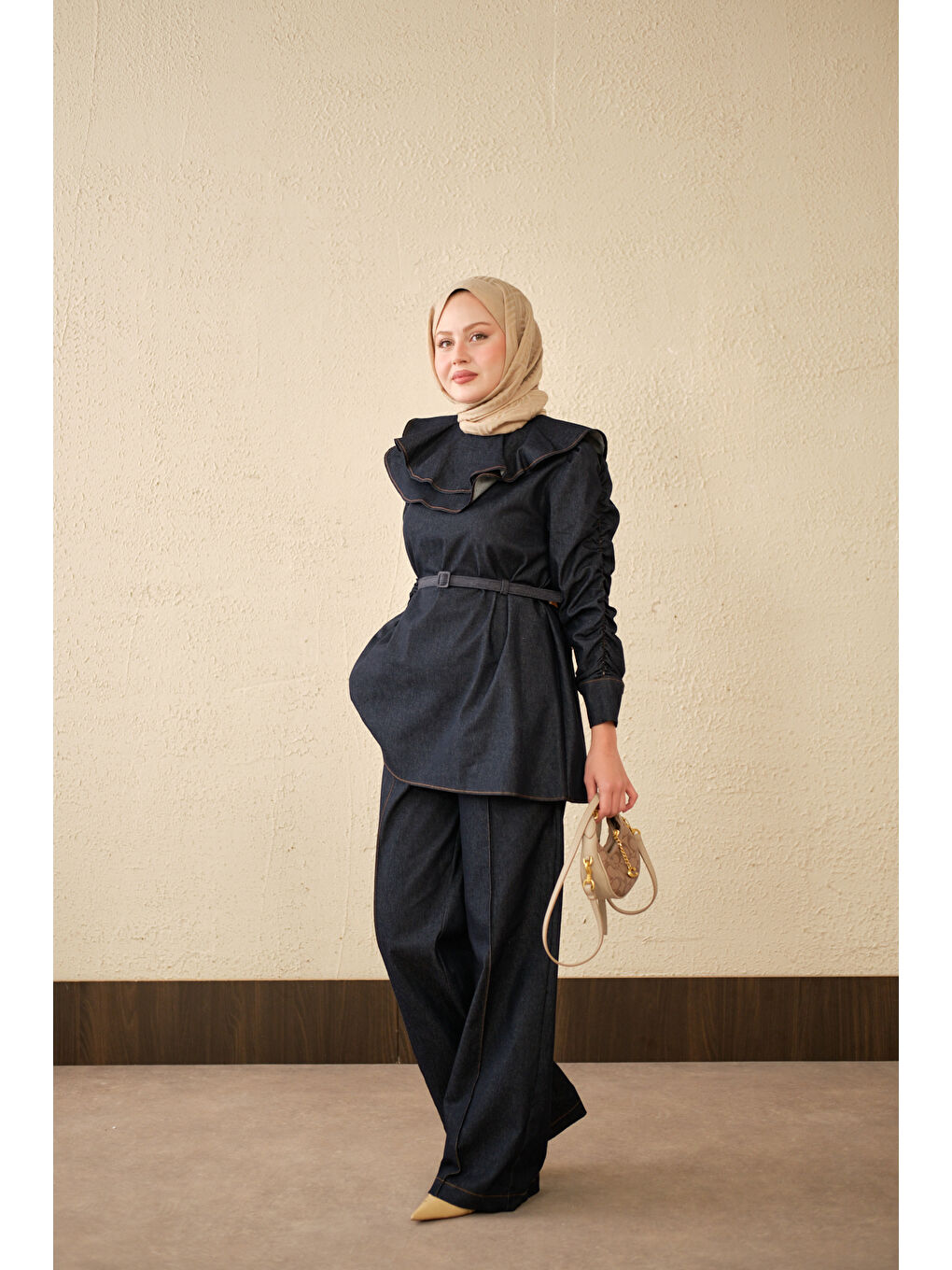 Kadın Yaka Ve Kol Büzgülü Kemer Bağlamalı Jean Takım Lacivert-1