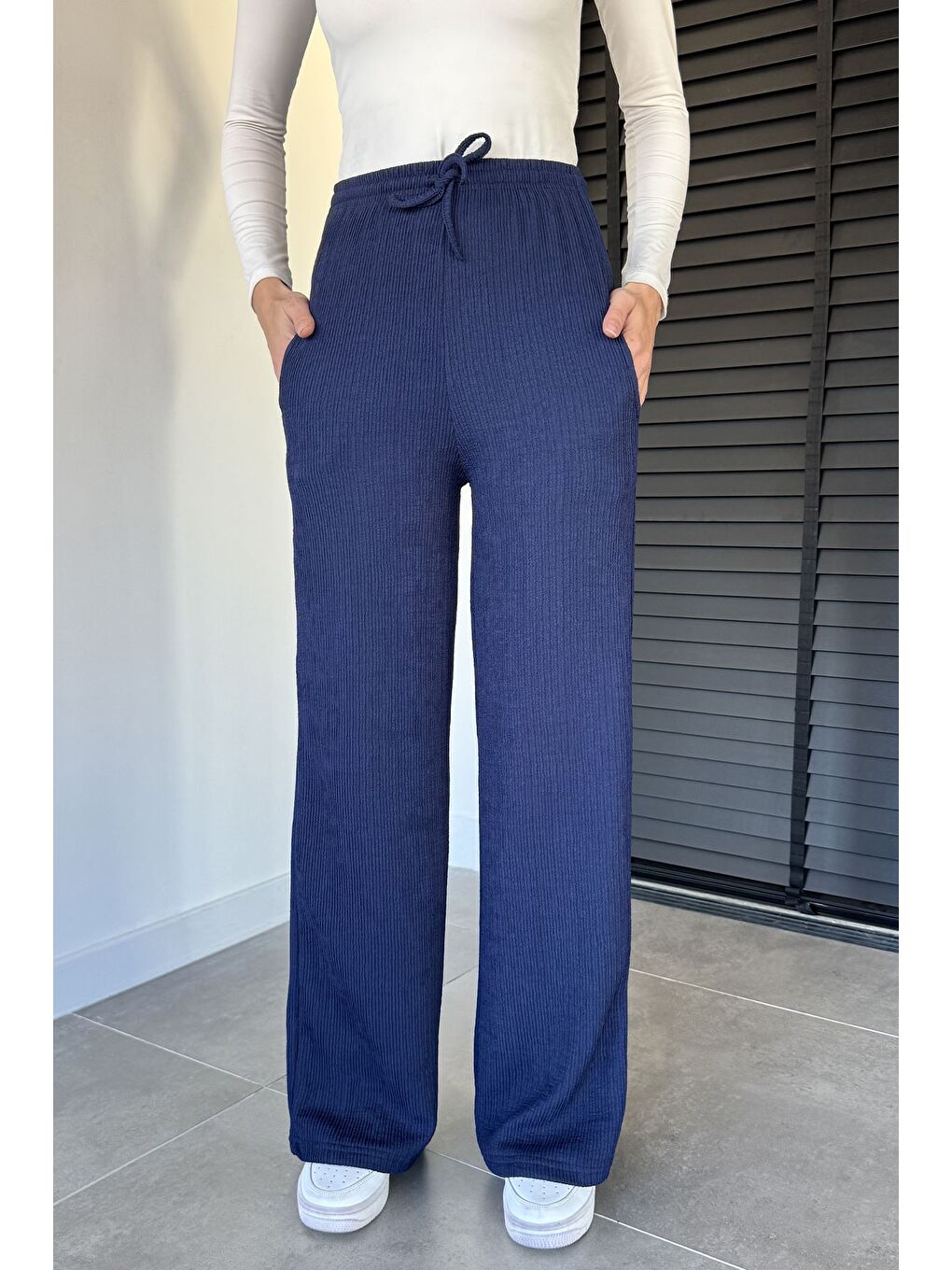 Lacivert Kadın Bel Lastikli Kendinden Çizgi Desenli Palazzo Pantolon-1