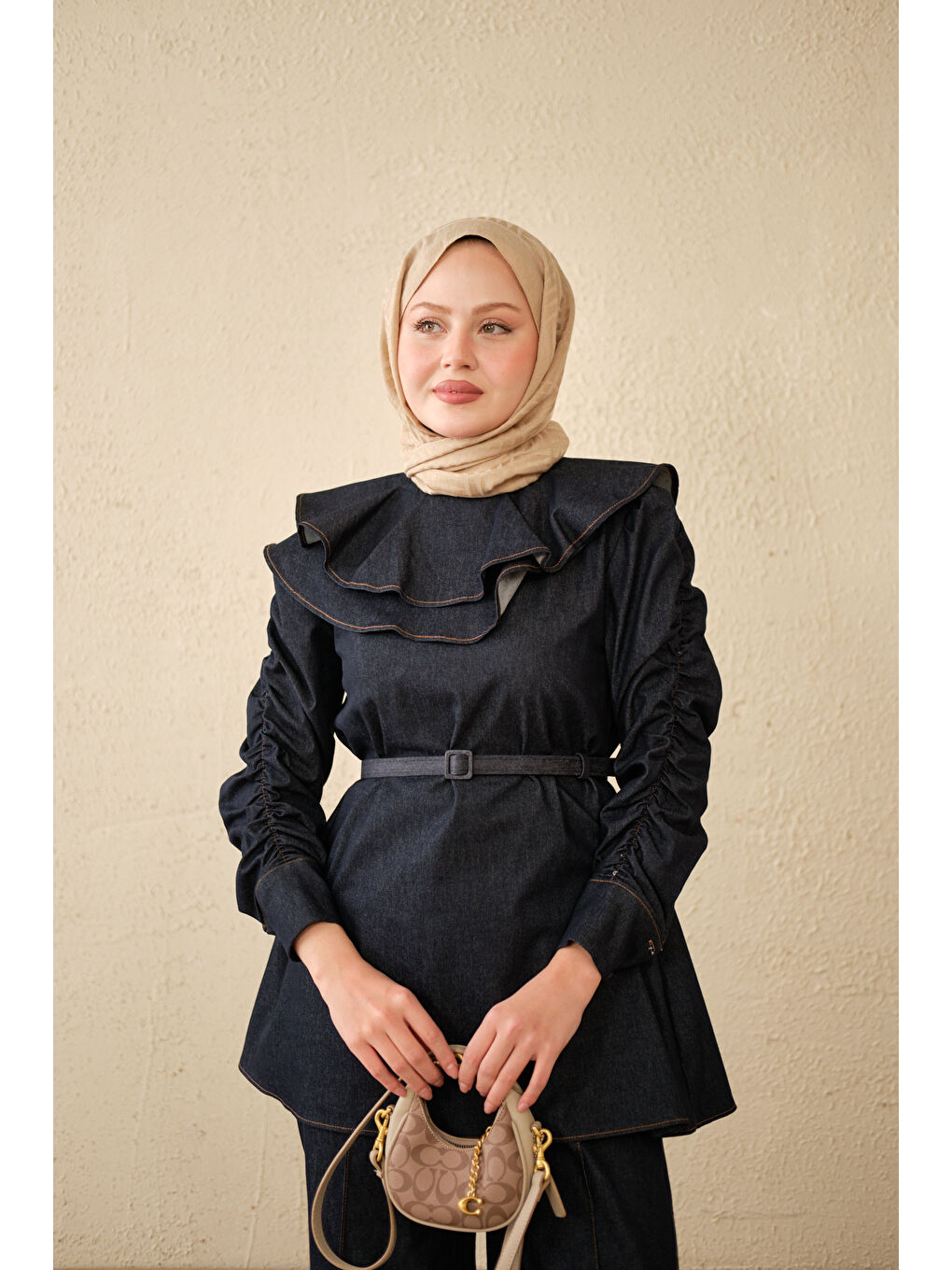 Kadın Yaka Ve Kol Büzgülü Kemer Bağlamalı Jean Takım Lacivert-2