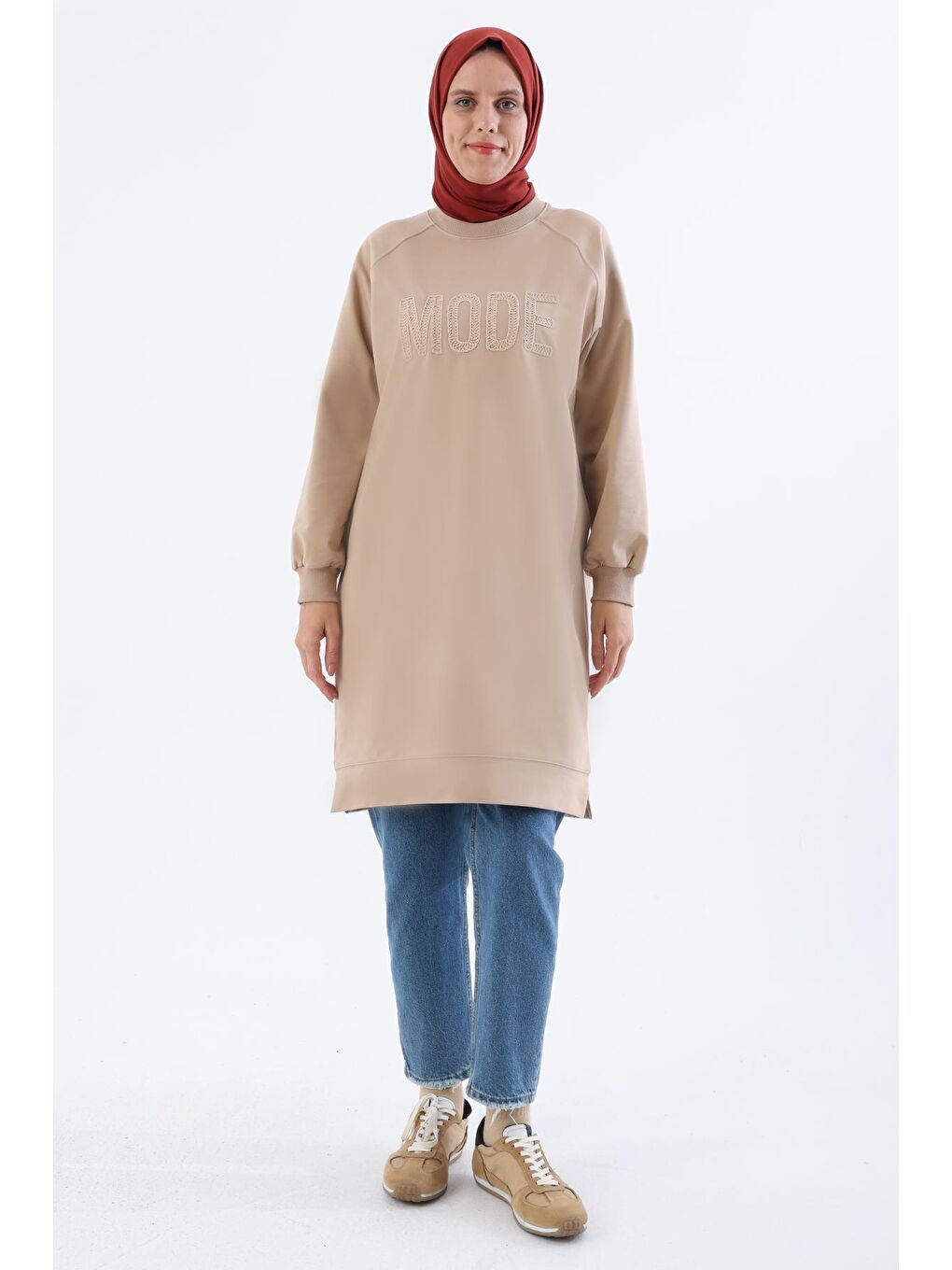 Bej Mode Nakışlı Reglan Kol Tunik-1