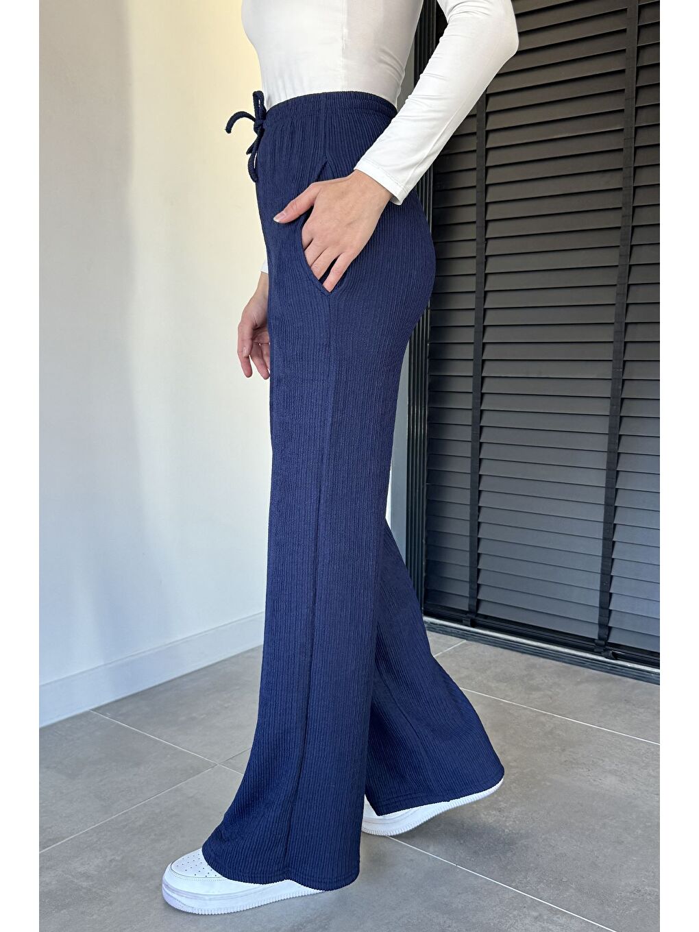 Lacivert Kadın Bel Lastikli Kendinden Çizgi Desenli Palazzo Pantolon-2