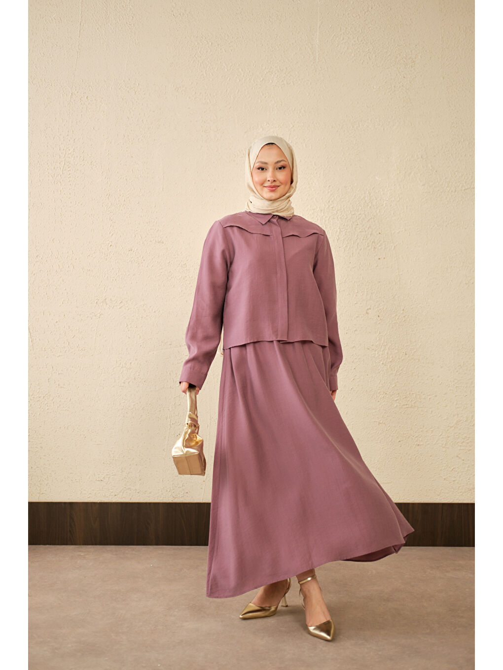 Kadın Ön Gizli Düğme Detay Kısa Gömlek Takım Mürdüm-1