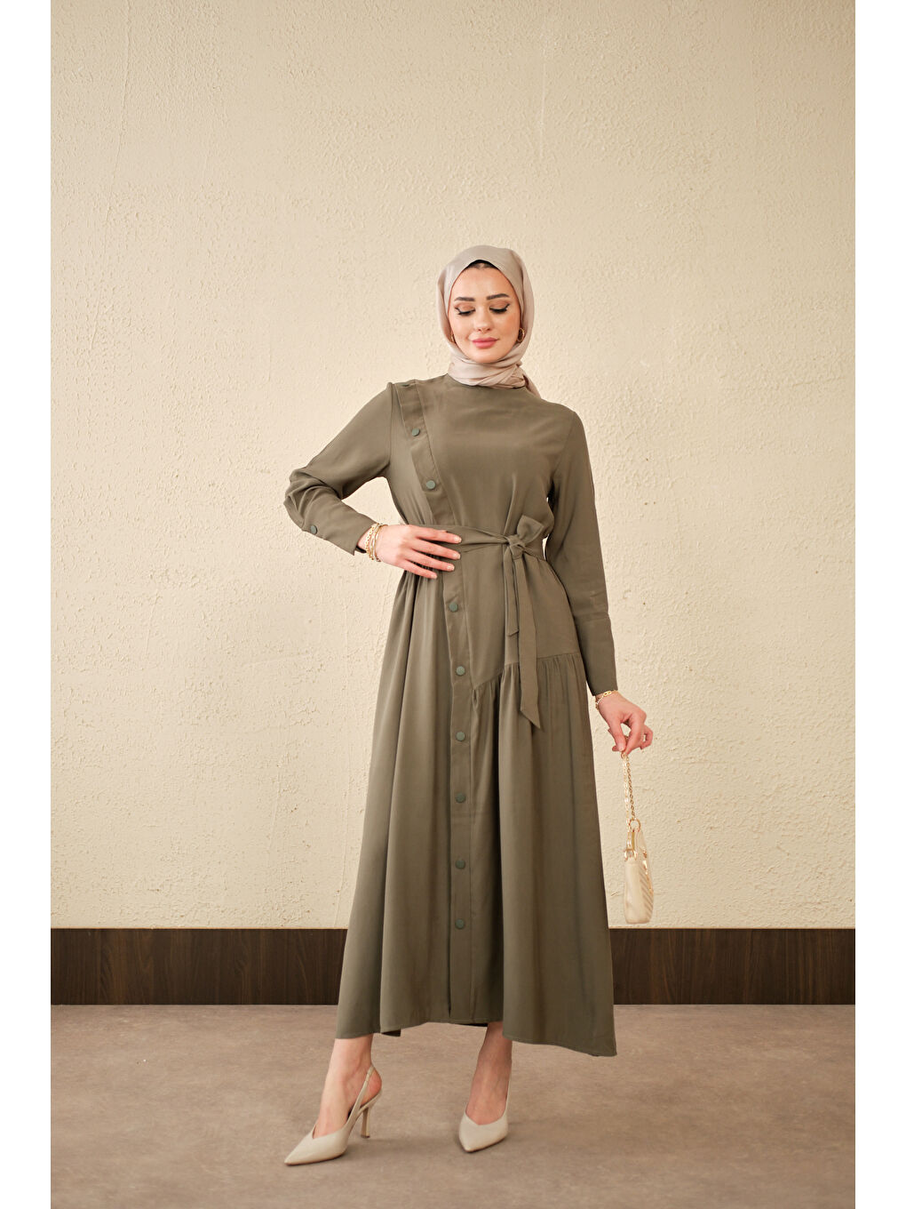 Kadın Düğmeli Etek Büzgülü Bel Bağlamalı Elbise Haki Yeşil-1