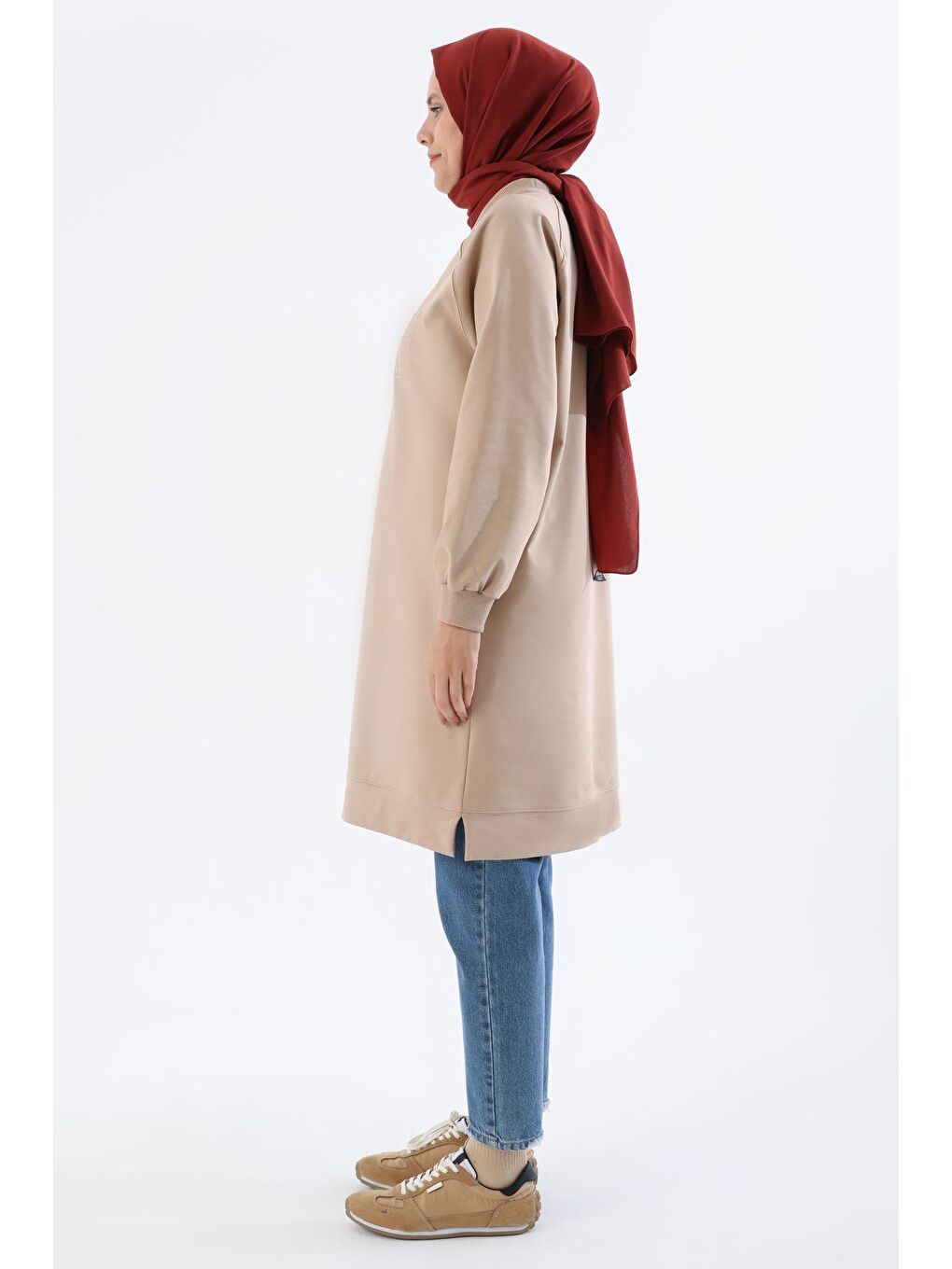 Bej Mode Nakışlı Reglan Kol Tunik-2