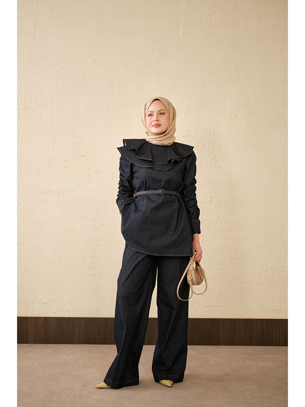 Kadın Yaka Ve Kol Büzgülü Kemer Bağlamalı Jean Takım Lacivert-3