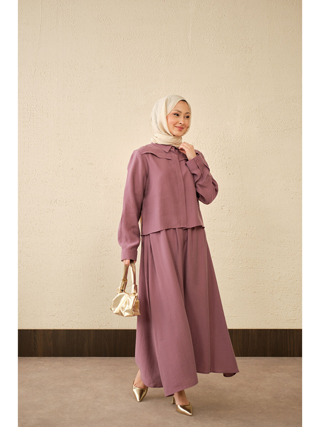 Kadın Ön Gizli Düğme Detay Kısa Gömlek Takım Mürdüm-2