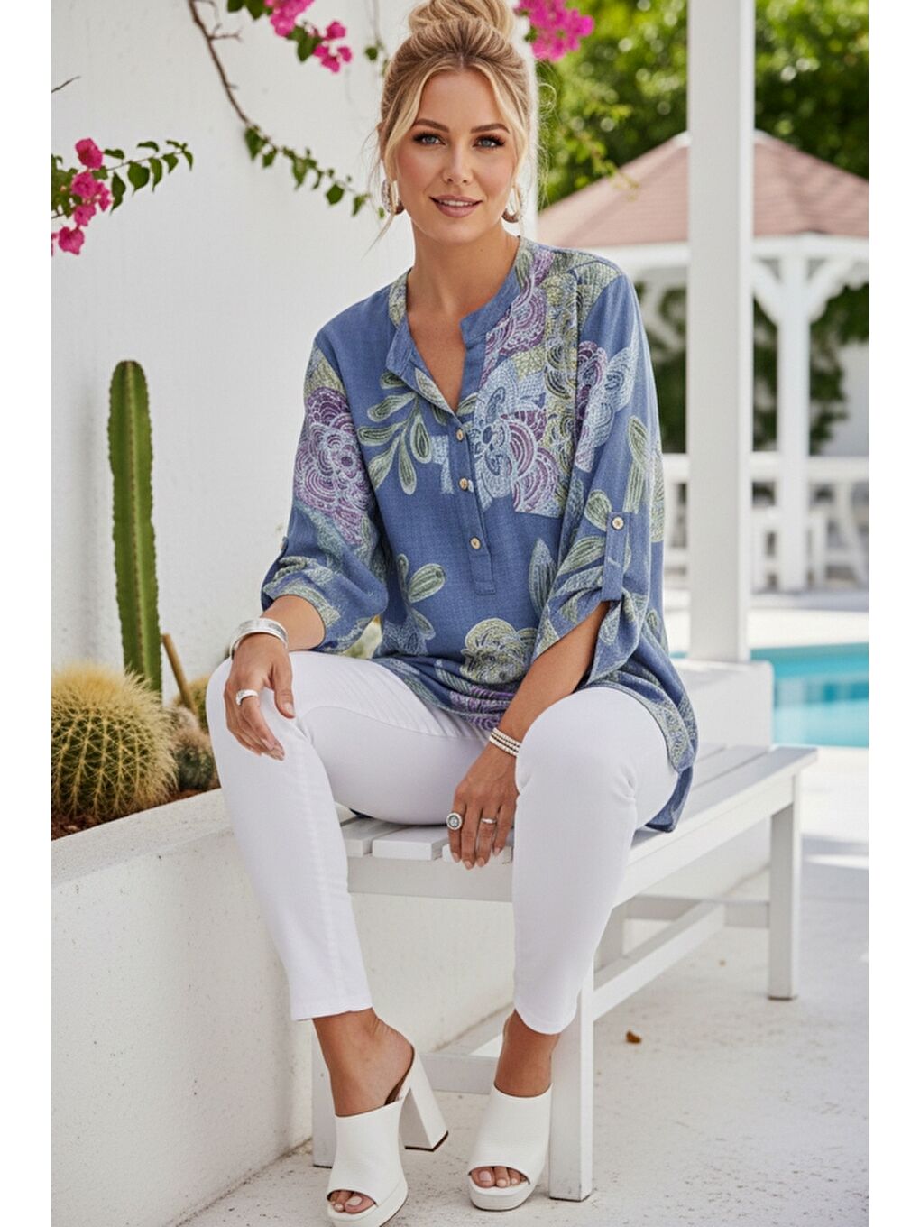İtalyan İndigo Hakim Yaka Düğmeli 3/4 Kol Çiçekli Cepli Casual Keten Görünümlü Dokuma Bluz 75 65-1