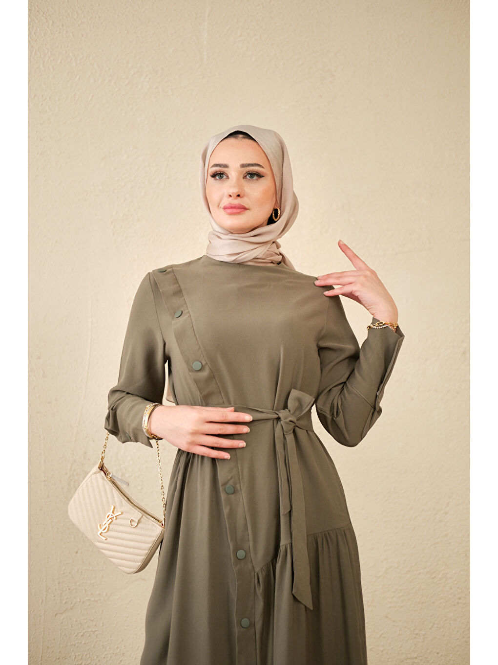 Kadın Düğmeli Etek Büzgülü Bel Bağlamalı Elbise Haki Yeşil-2