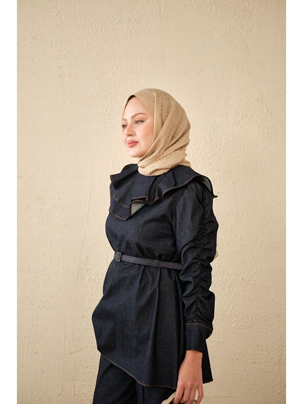 Kadın Yaka Ve Kol Büzgülü Kemer Bağlamalı Jean Takım Lacivert-4