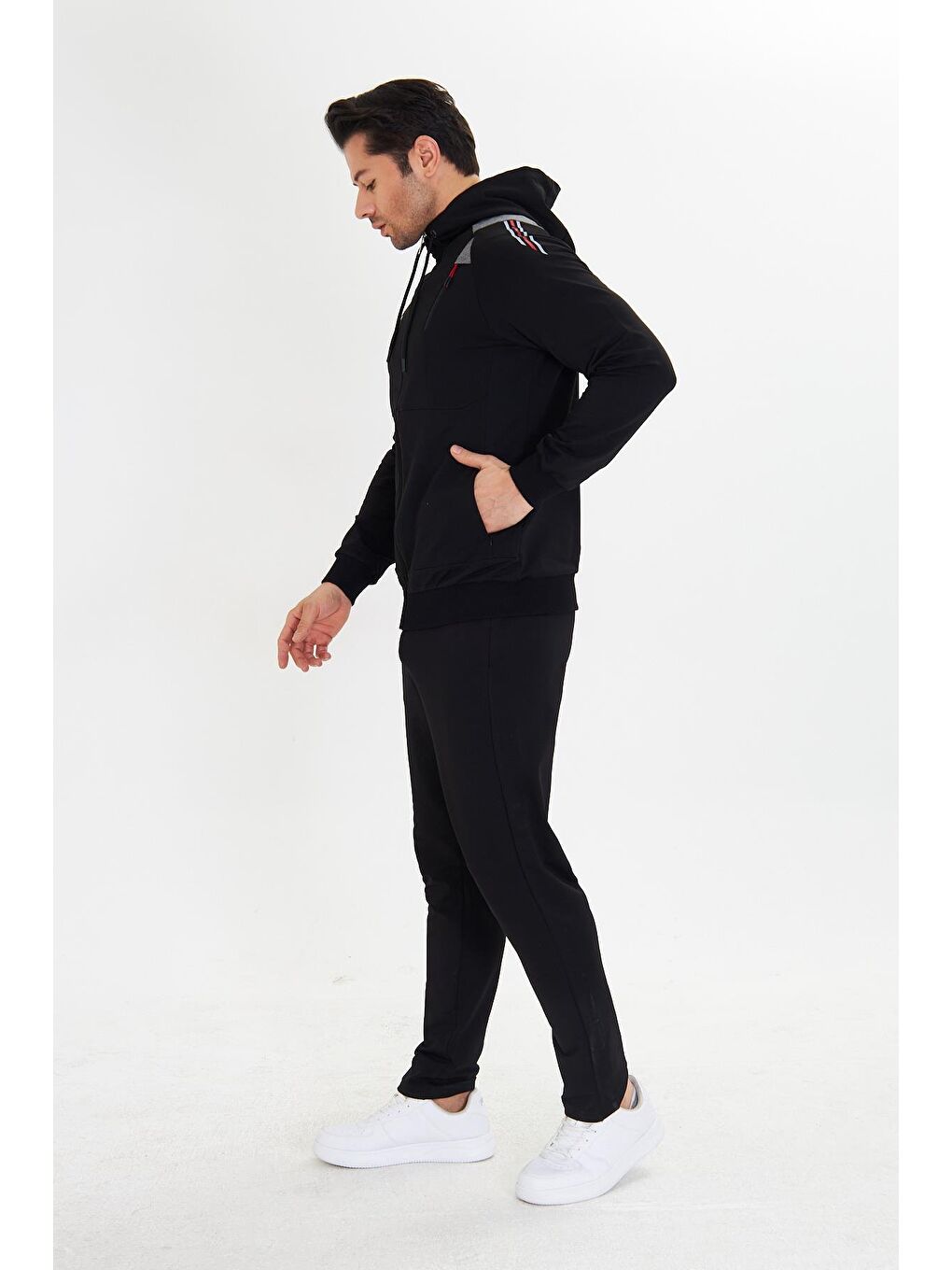 Pamuklu Kapüşonlu Erkek Eşofman Takımı Siyah 5745-S-3