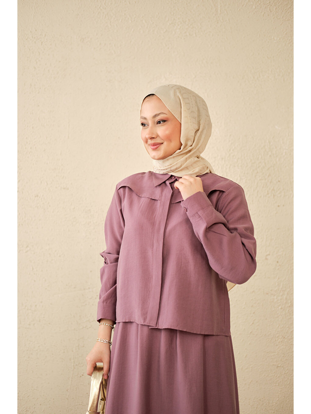 Kadın Ön Gizli Düğme Detay Kısa Gömlek Takım Mürdüm-3