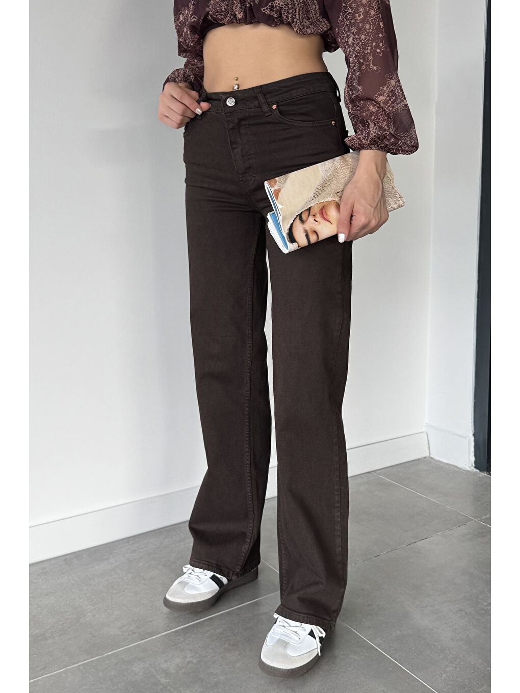 Kahverengi Kadın Yüksek Bel Elastanlı Palazzo Pantolon-1