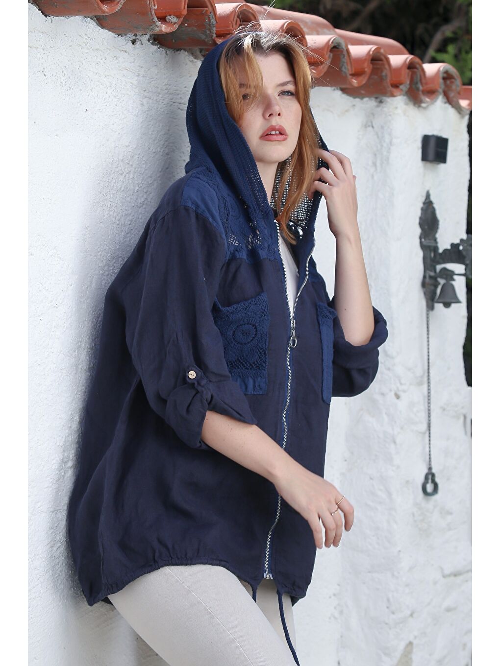 İtalyan Lacivert Kapüşonlu Düğmeli Uzun Kollu Fermuarlı Cepli File Detaylı Keten Dokuma Ceket 75 65