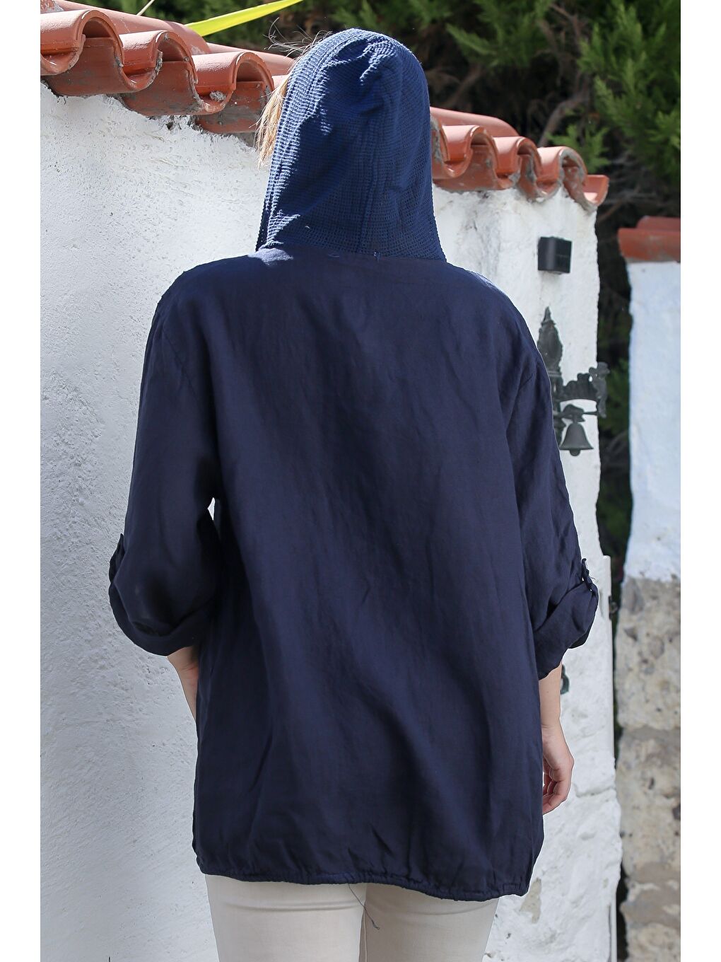 İtalyan Lacivert Kapüşonlu Düğmeli Uzun Kollu Fermuarlı Cepli File Detaylı Keten Dokuma Ceket 75 65-1