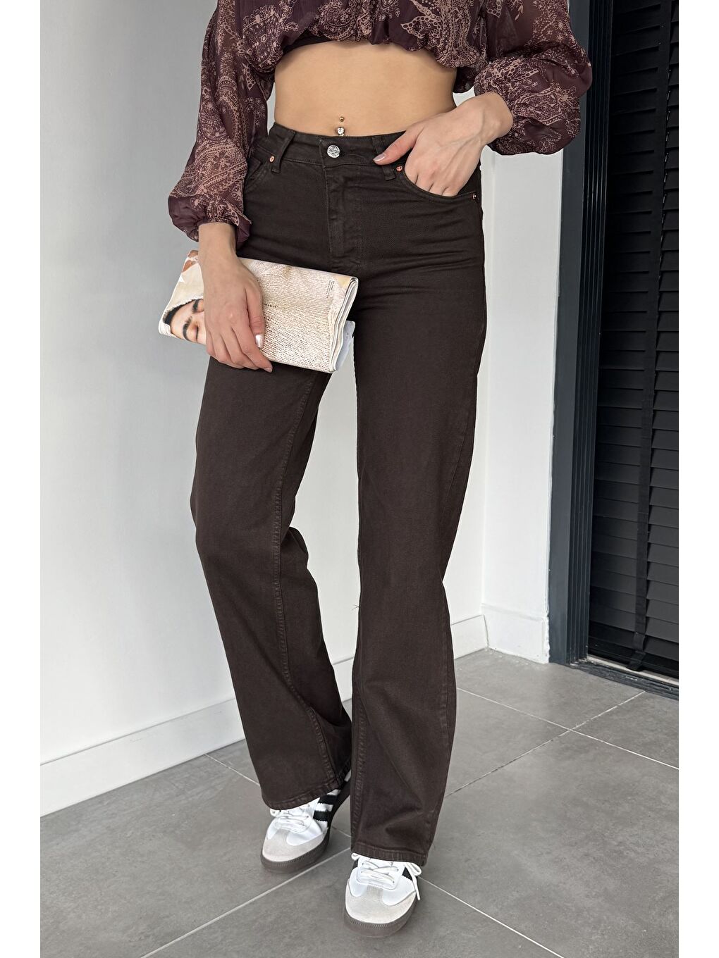 Kahverengi Kadın Yüksek Bel Elastanlı Palazzo Pantolon-2