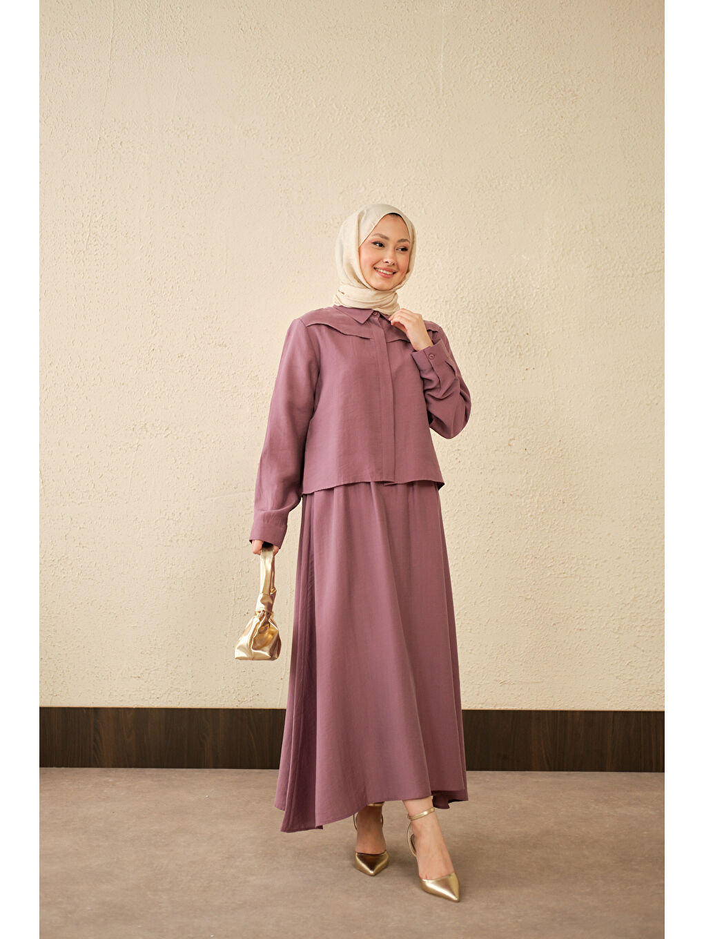 Kadın Ön Gizli Düğme Detay Kısa Gömlek Takım Mürdüm-4