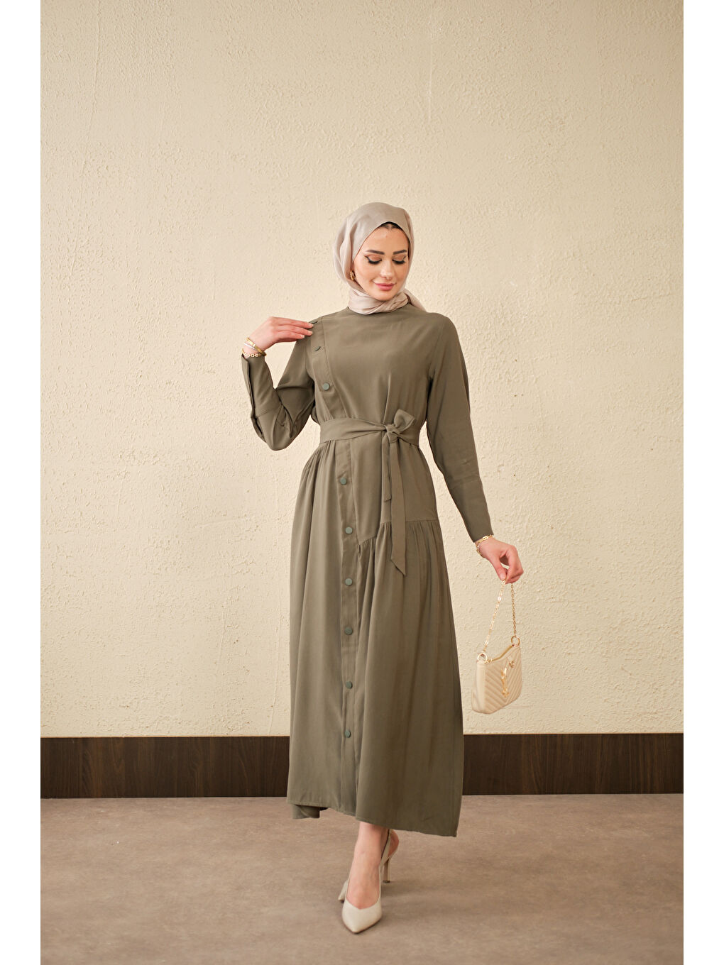 Kadın Düğmeli Etek Büzgülü Bel Bağlamalı Elbise Haki Yeşil-4