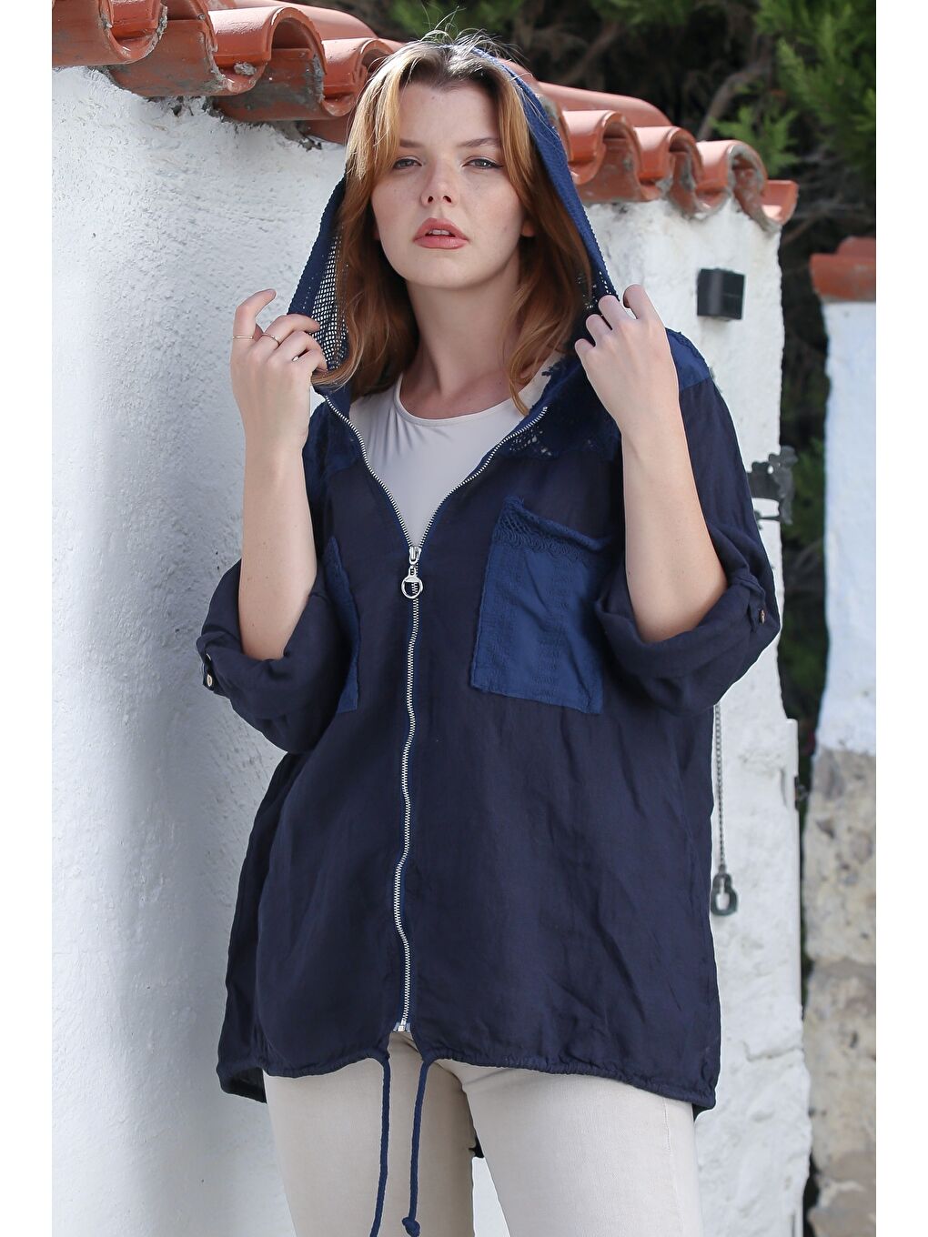 İtalyan Lacivert Kapüşonlu Düğmeli Uzun Kollu Fermuarlı Cepli File Detaylı Keten Dokuma Ceket 75 65-2