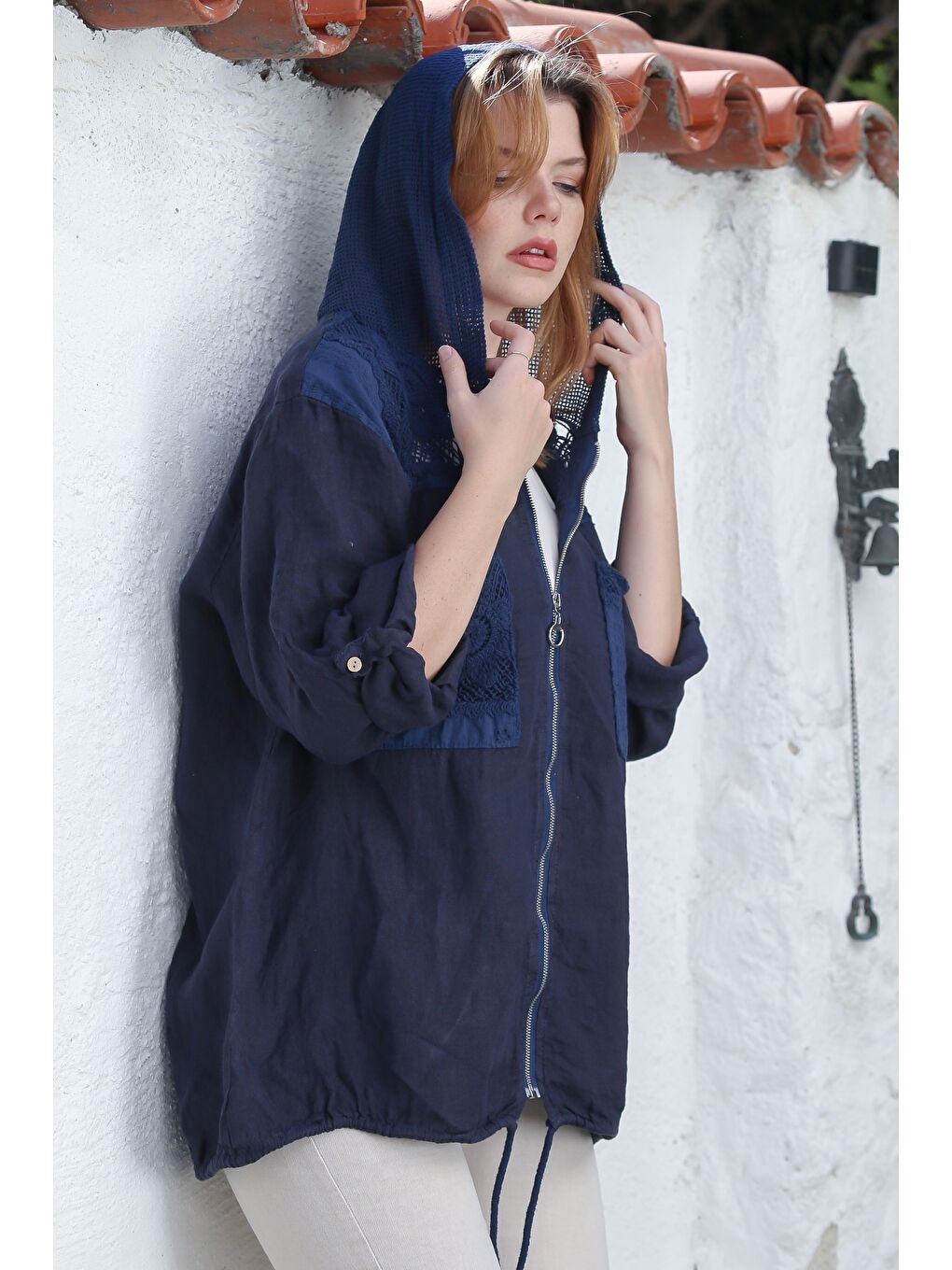 İtalyan Lacivert Kapüşonlu Düğmeli Uzun Kollu Fermuarlı Cepli File Detaylı Keten Dokuma Ceket 75 65-3