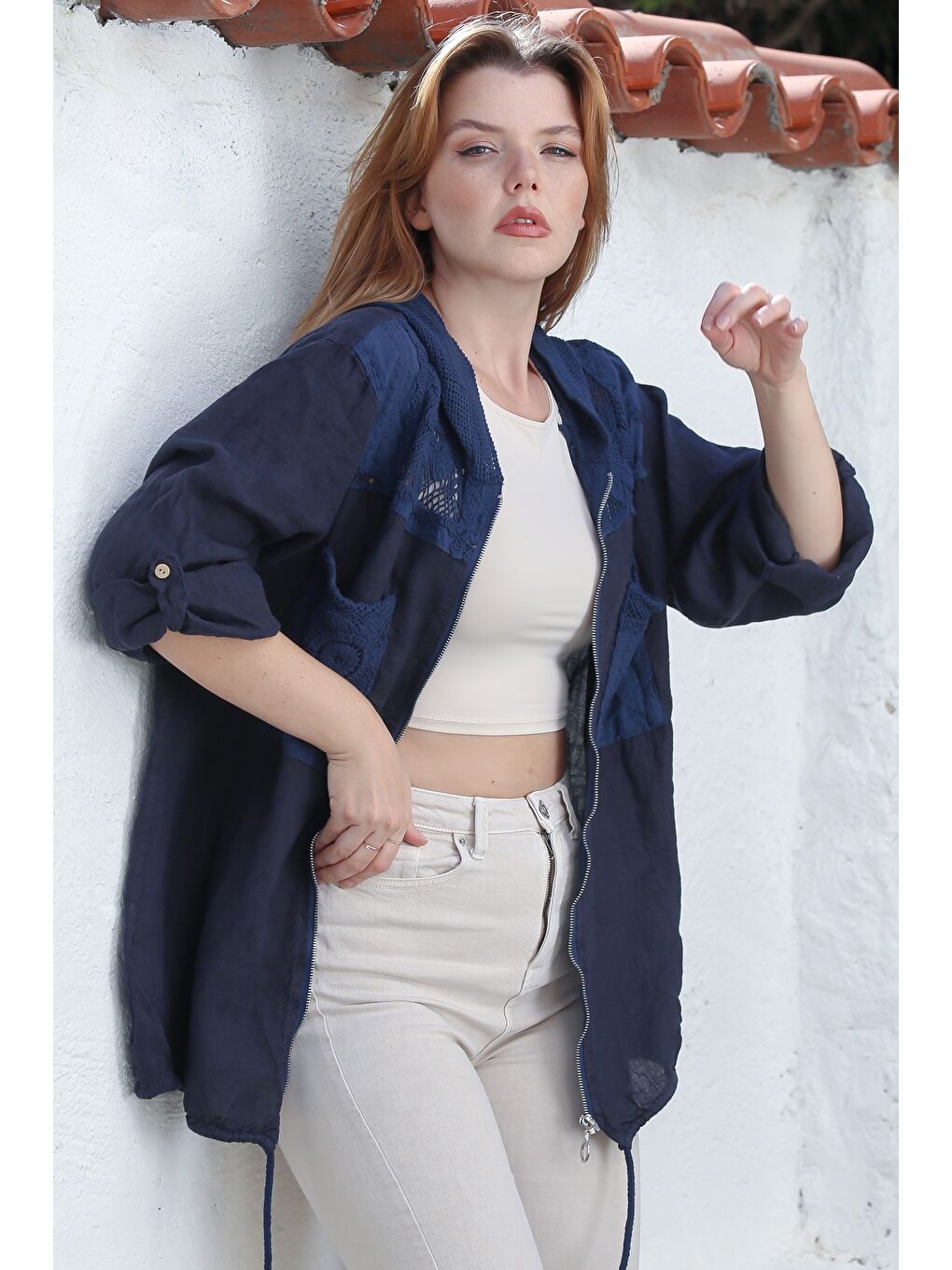 İtalyan Lacivert Kapüşonlu Düğmeli Uzun Kollu Fermuarlı Cepli File Detaylı Keten Dokuma Ceket 75 65-4